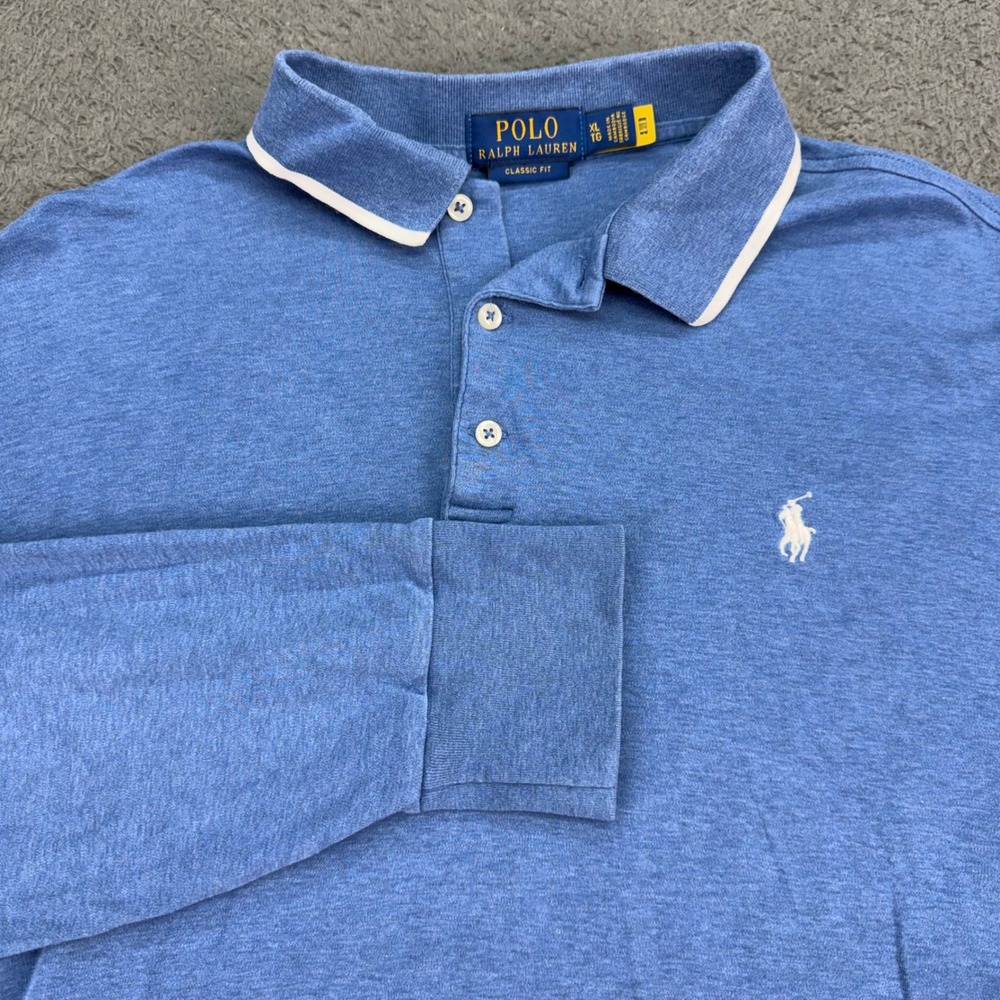 Polo Ralph Lauren Polo Shirt Mens XL Blue Long Sleeve Classic Fit Tipped Collar‎